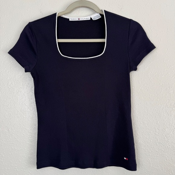 Tommy Hilfiger Tops - Tommy Hilfiger Navy Blue Square Neck Ribbed Knit Top White Trim S